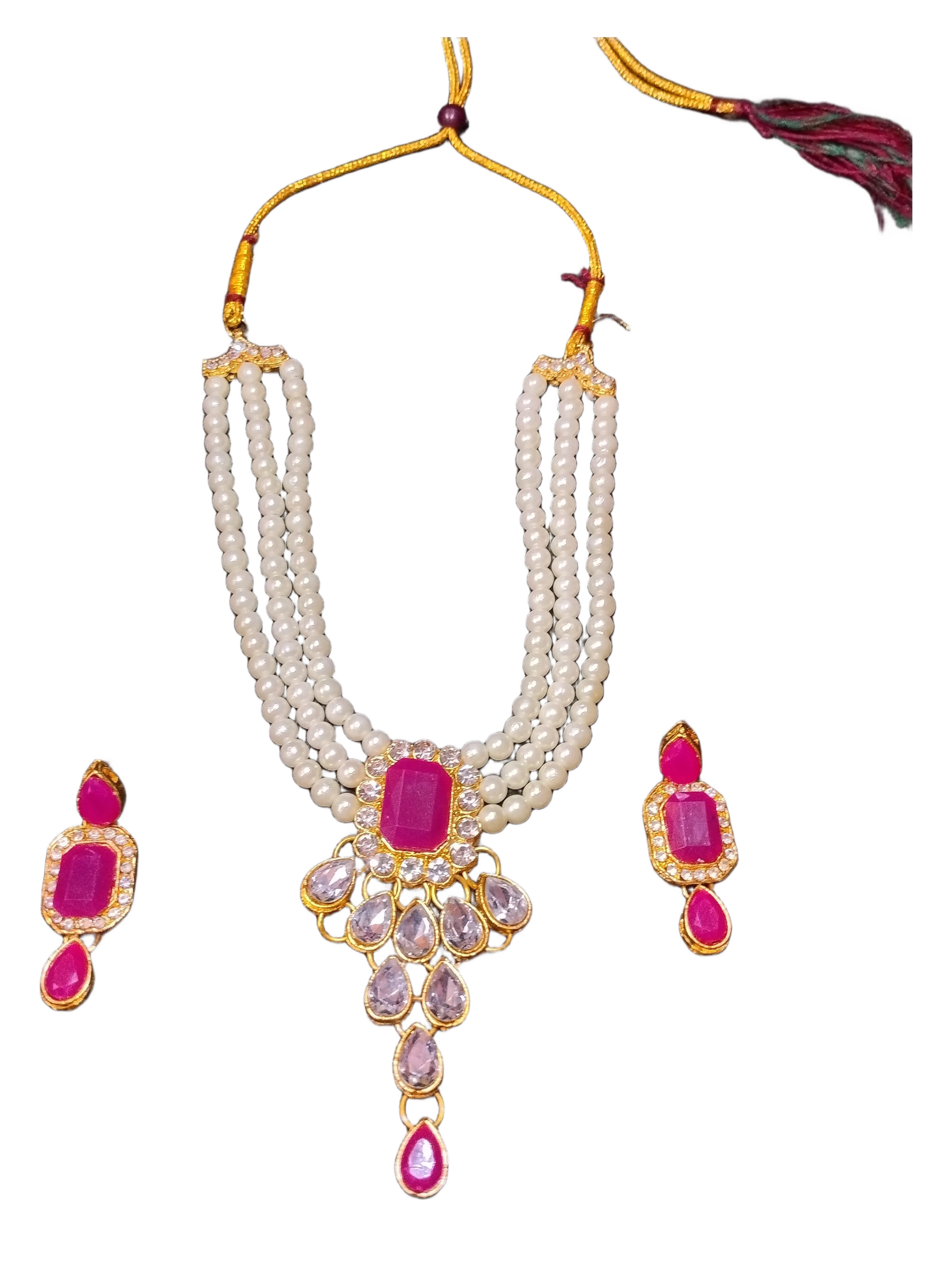 elegant multi layer pearl necklace set with a beautiful pink stone pendant and matching earrings elegant multi layer pearl necklace set with a beautiful pink stone pendant and matching earrings