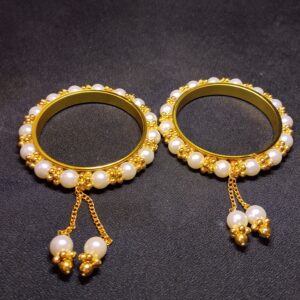 Ethnic Charm Bangle Gold Plated Pearl Charm Bangles for Women | Elegant Pearl Beaded Kada Bracelet with Dangle Drops