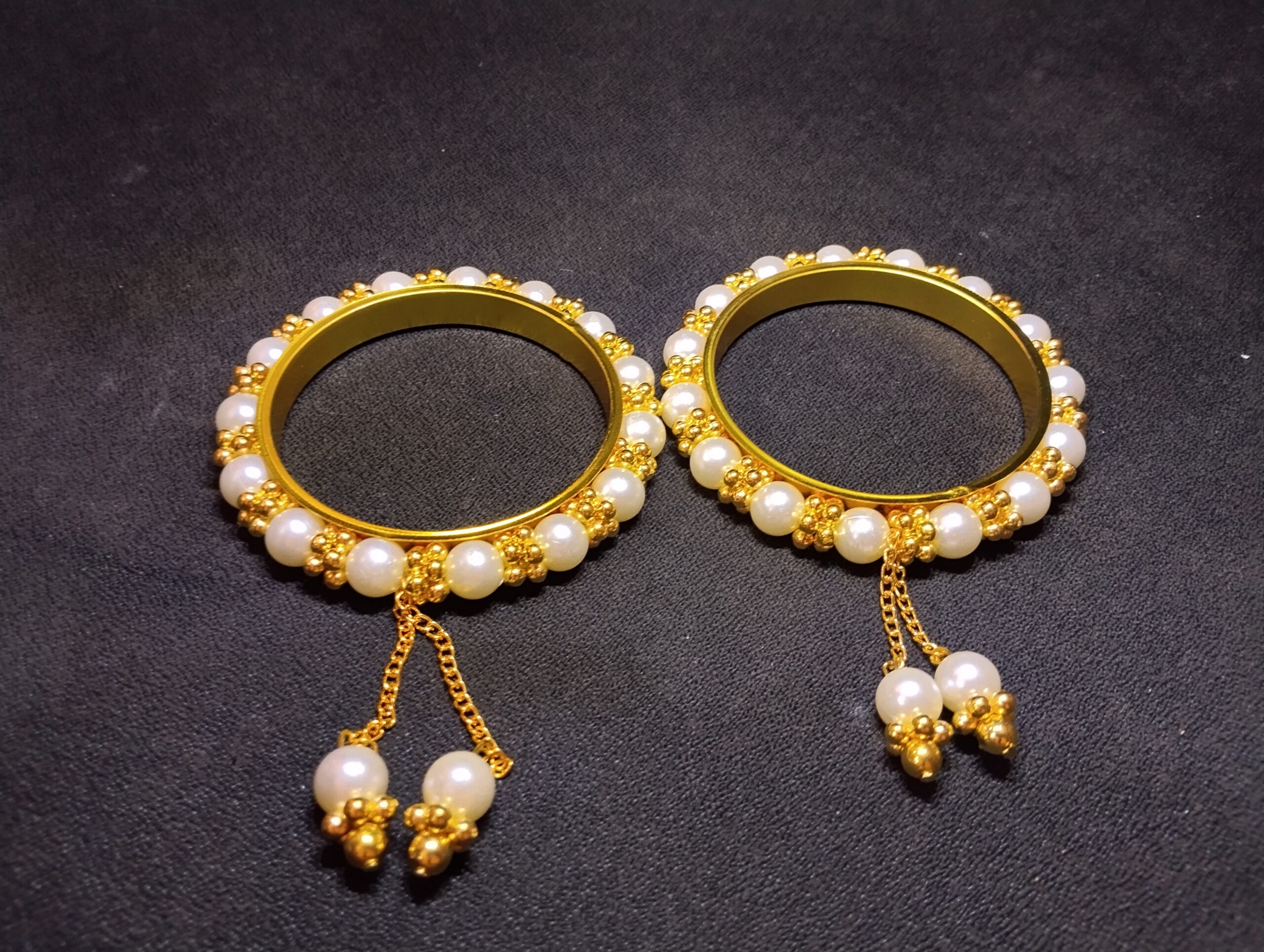 Ethnic Charm Bangle Gold Plated Pearl Charm Bangles for Women | Elegant Pearl Beaded Kada Bracelet with Dangle Drops