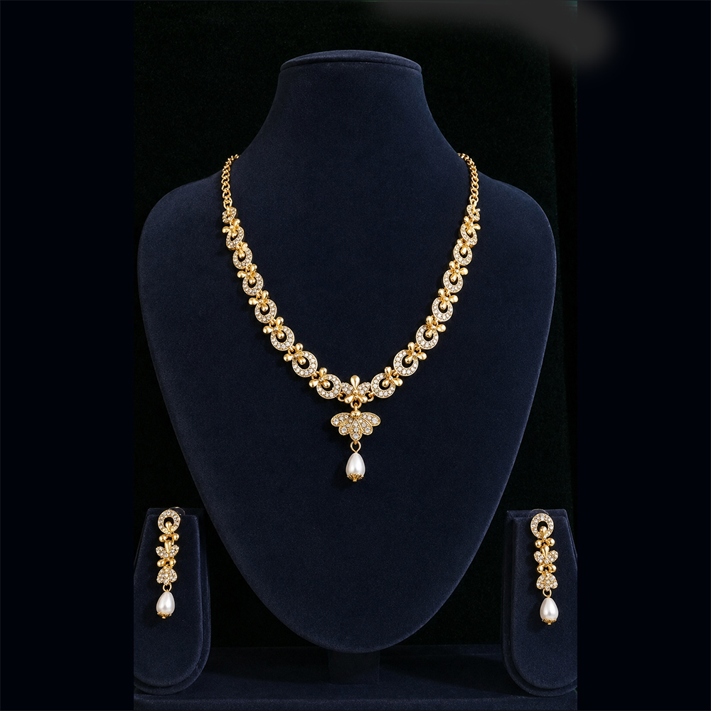 floral pearl drop gold toned necklace & earrings set floral pearl drop gold toned necklace & earrings set