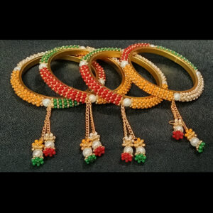 traditional multicolor beaded bangles set for women | gold plated ethnic kada bracelet with pearl & bead dangle charms