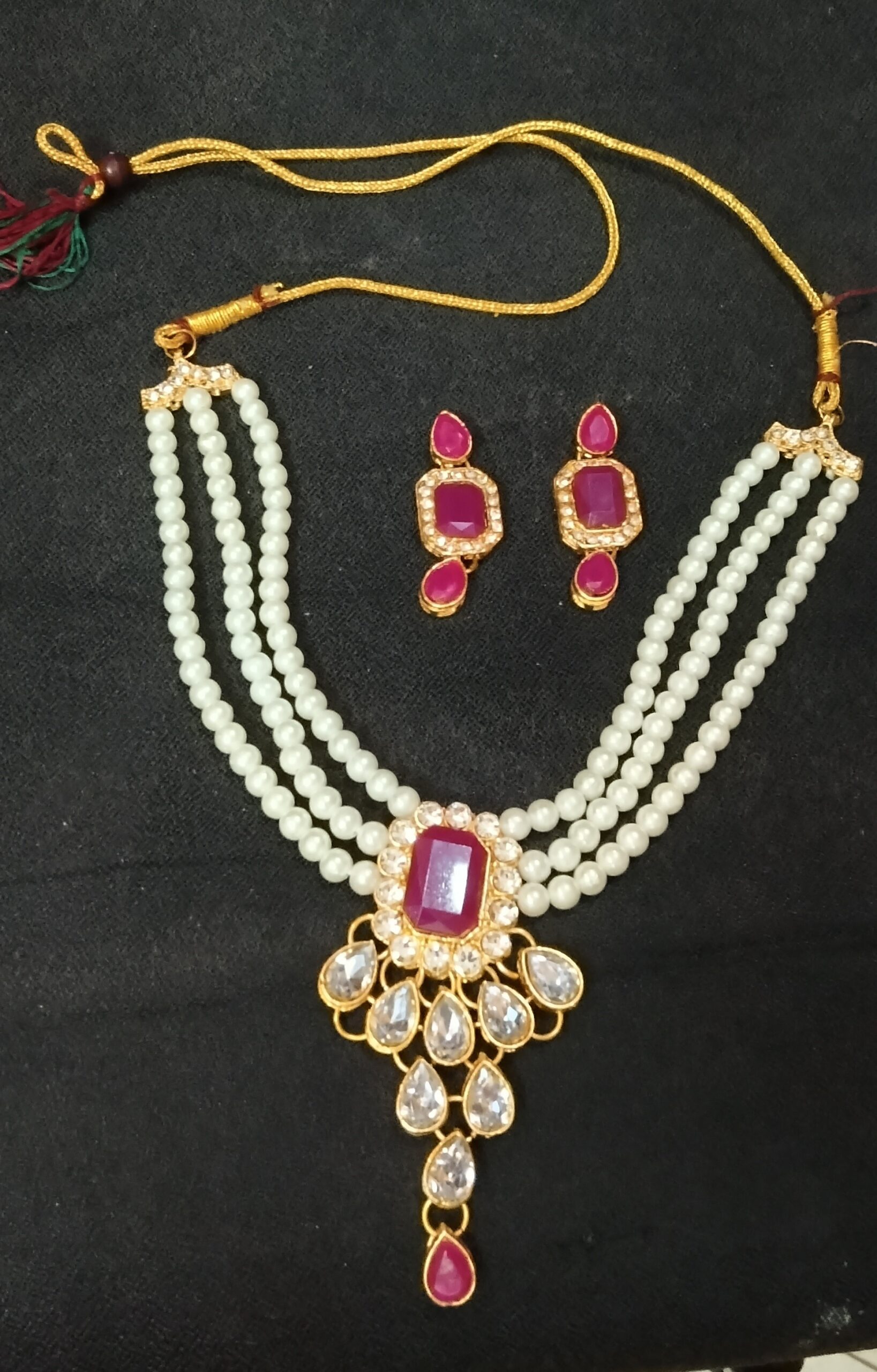 Elegant multi-layer pearl necklace set with a beautiful pink stone pendant and matching earrings - Image 2