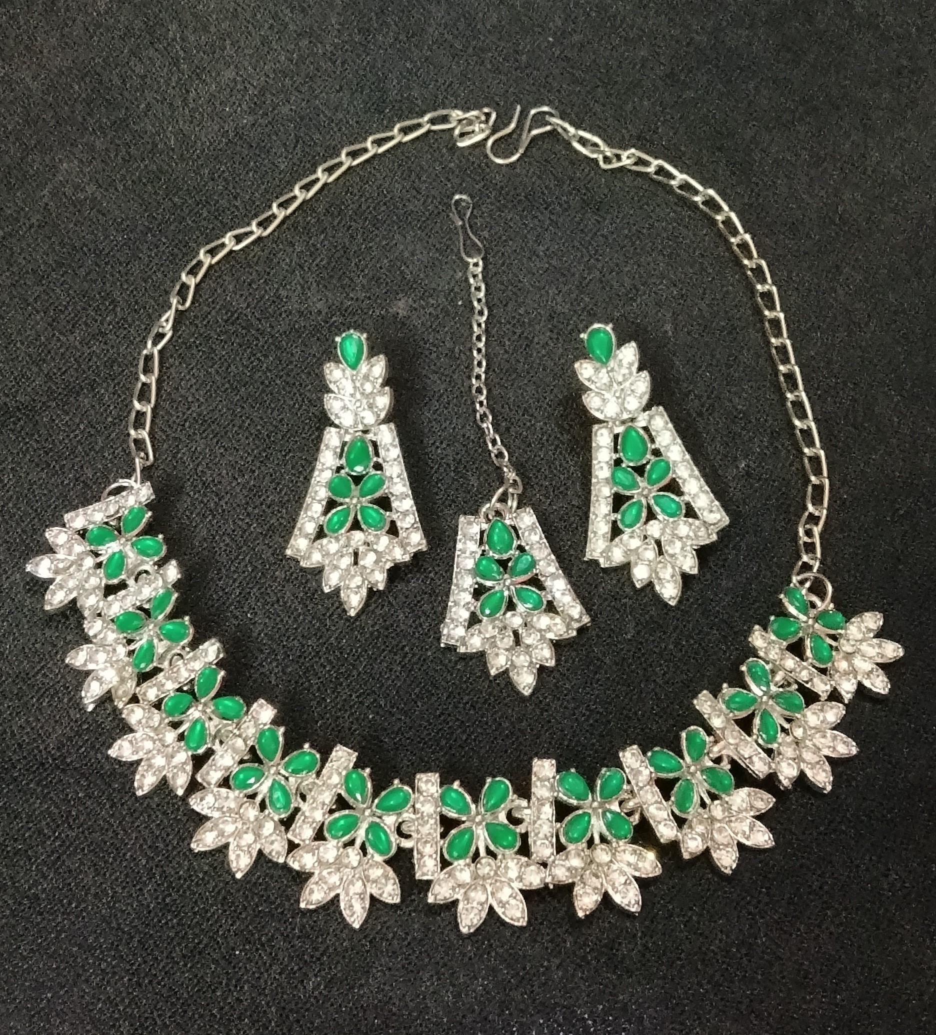 elegant emerald green american diamond necklace set with earrings & maang tikka elegant emerald green american diamond necklace set with earrings & maang tikka