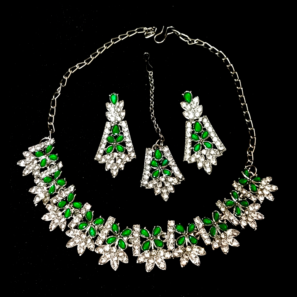 elegant emerald green cz diamond necklace set with earrings & maang tikka imitation jewellery elegant emerald green cz diamond necklace set with earrings & maang tikka imitation jewellery