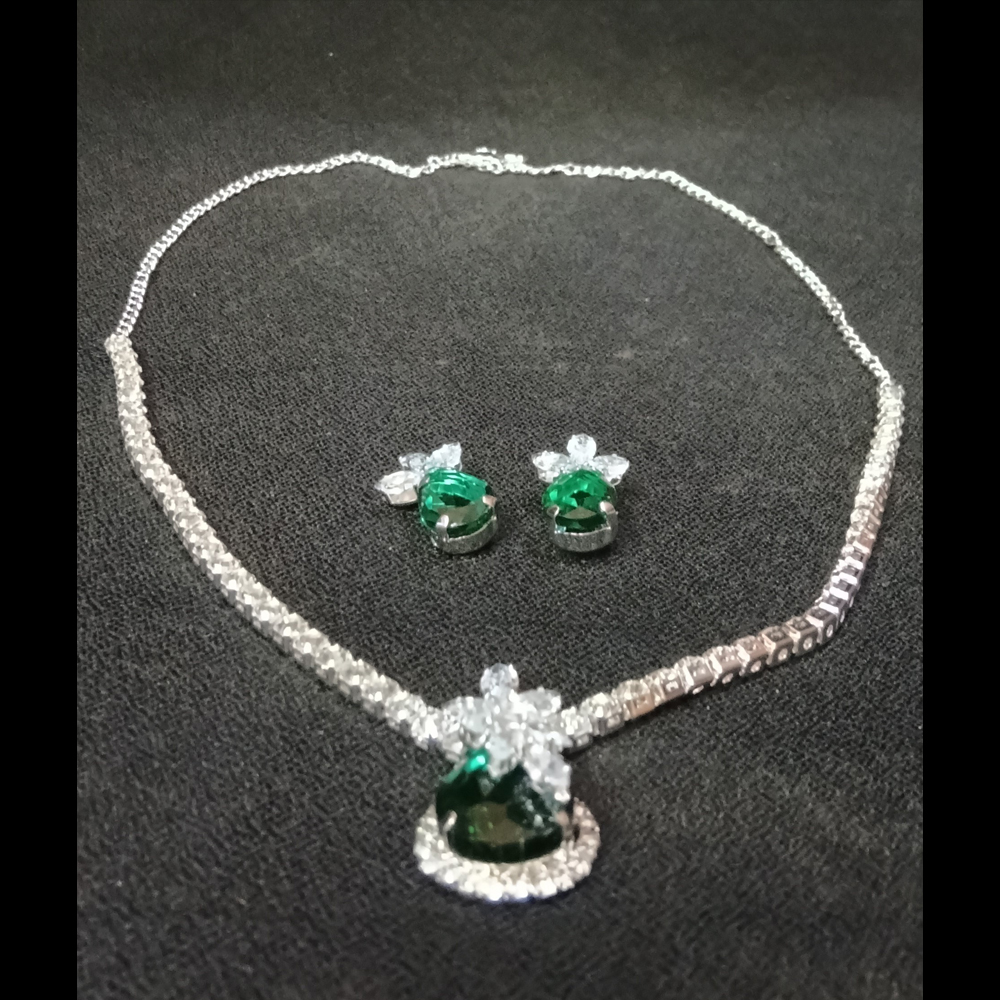 elegant silver plated green crystal pendant necklace set for women with matching drop earrings elegant silver plated green crystal pendant necklace set for women with matching drop earrings