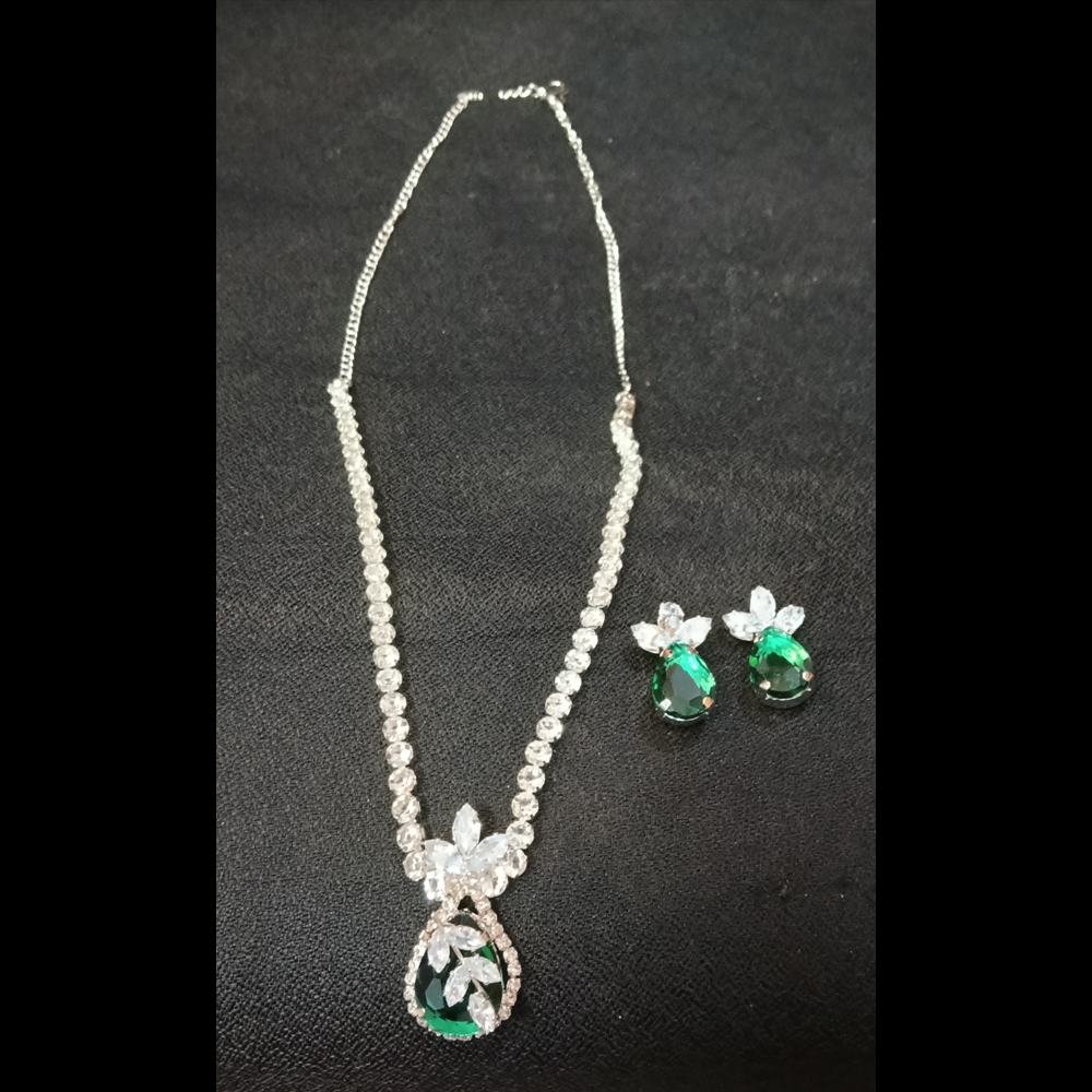 elegant silver plated green crystal pendant necklace set for women with matching drop earrings elegant silver plated green crystal pendant necklace set for women with matching drop earrings