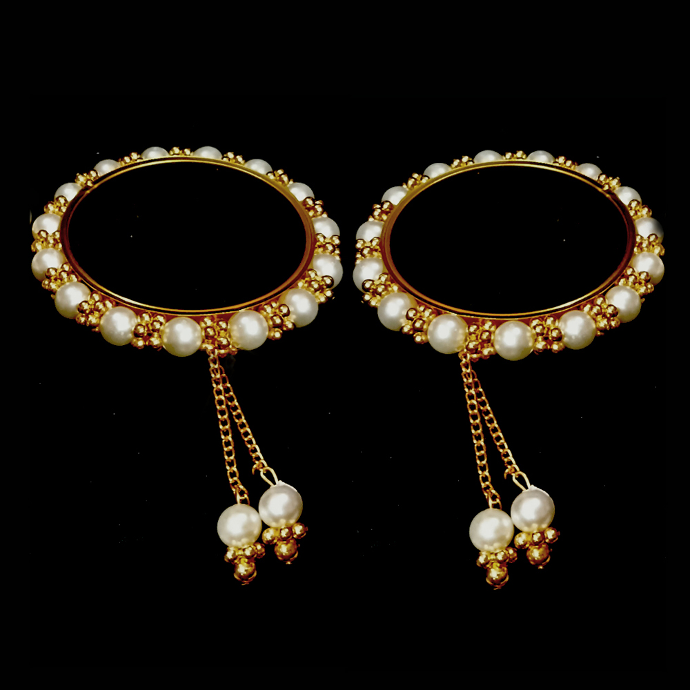 ethnic charm bangle gold plated pearl charm bangles for women | elegant pearl beaded kada bracelet with dangle drops ethnic charm bangle gold plated pearl charm bangles for women | elegant pearl beaded kada bracelet with dangle drops
