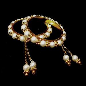 ethnic charm bangle gold plated pearl charm bangles for women | elegant pearl beaded kada bracelet with dangle drops