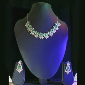 elegant emerald green cz diamond necklace set with earrings & maang tikka imitation jewellery