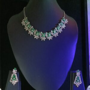 elegant emerald green american diamond necklace set with earrings & maang tikka