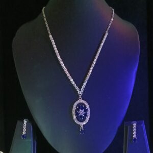elegant silver plated blue crystal pendant necklace set for women with matching stud earrings