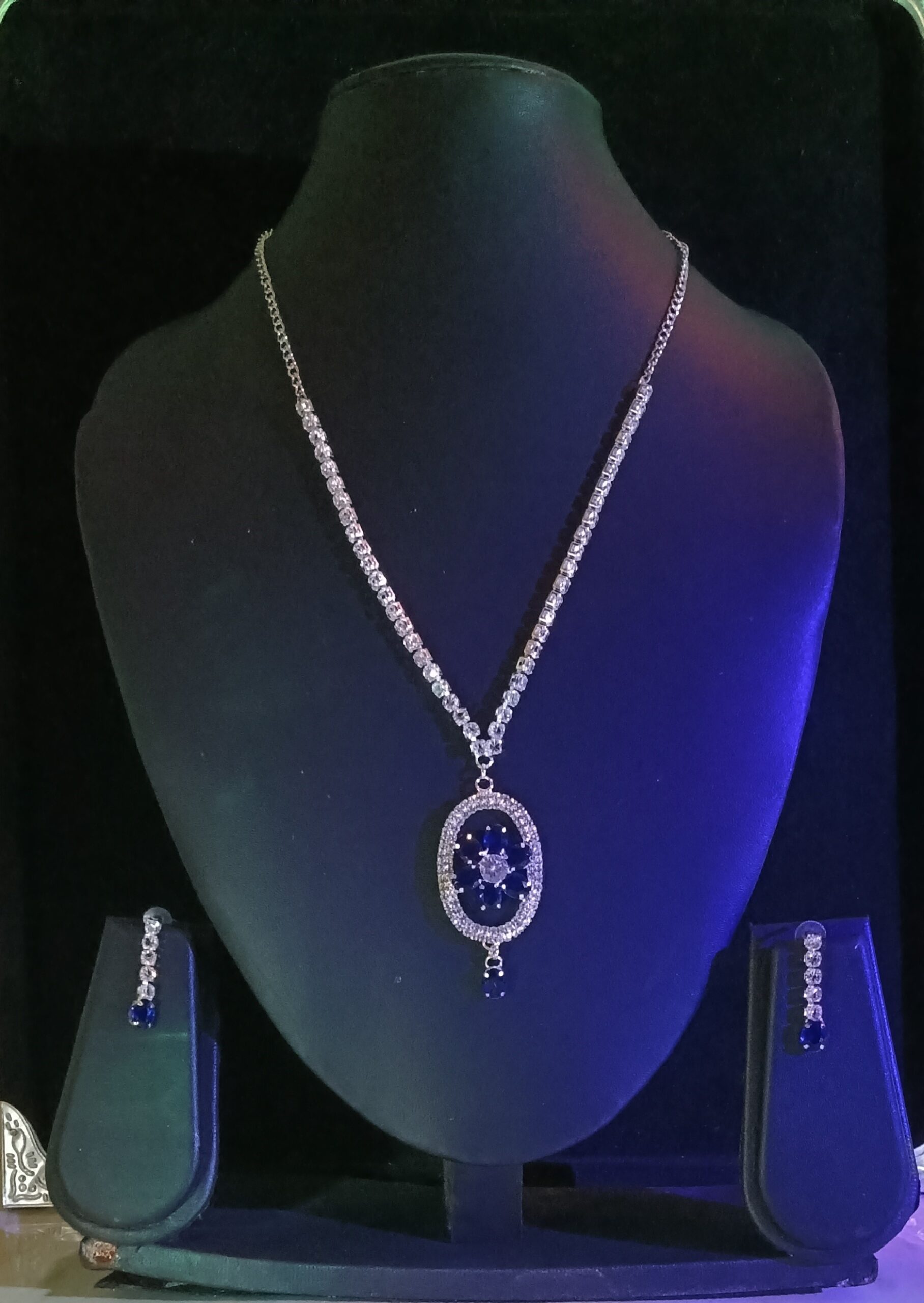 elegant silver plated blue crystal pendant necklace set for women with matching stud earrings elegant silver plated blue crystal pendant necklace set for women with matching stud earrings