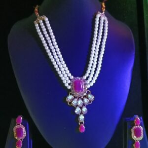 elegant multi layer pearl necklace set with a beautiful pink stone pendant and matching earrings