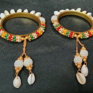 traditional gold plated beaded charm bangles for women multicolor pearl & shell dangle ethnic bangle