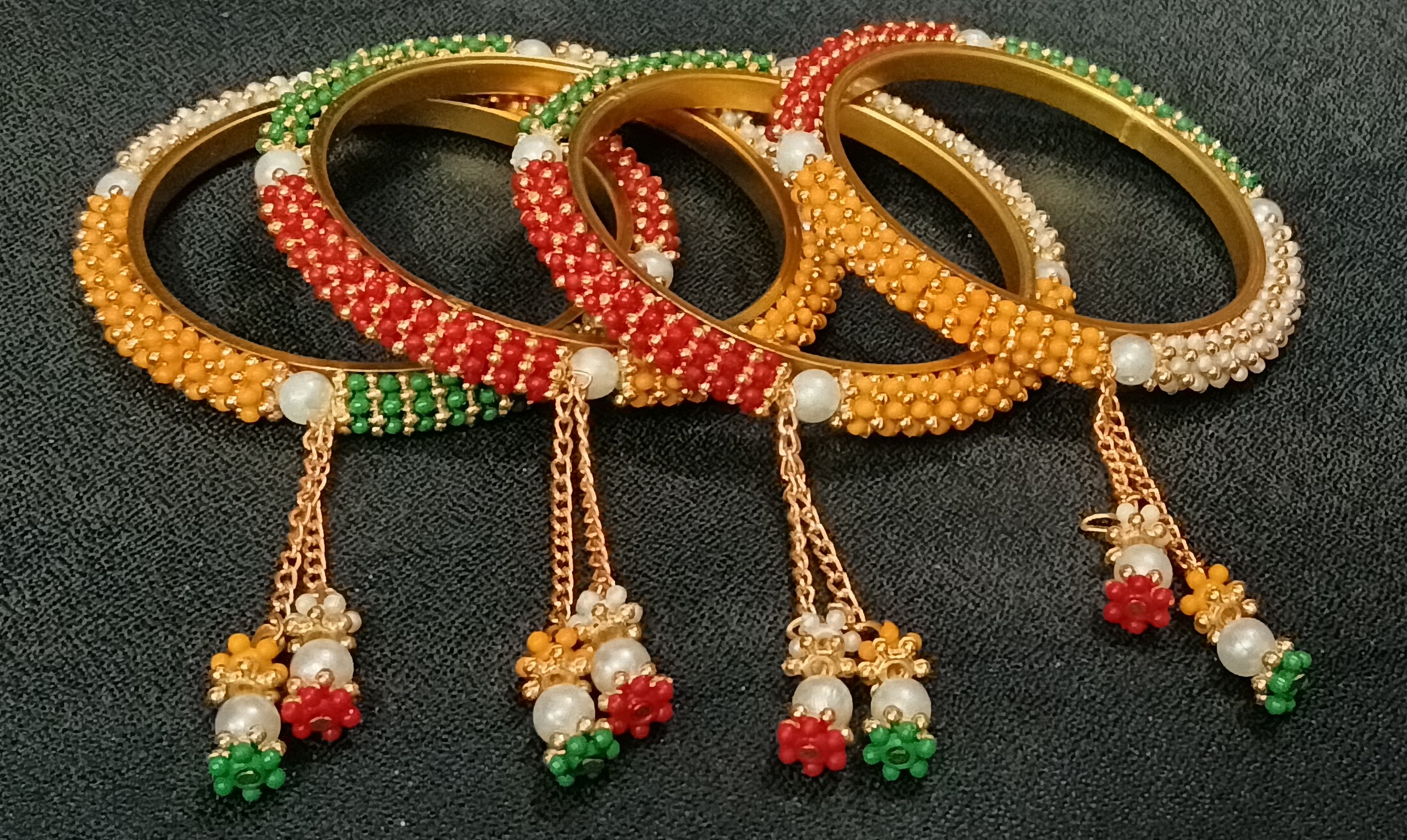 Traditional Multicolor Beaded Bangles Set for Women | Ethnic Kada Bracelet with Pearl & Bead Dangle Charms - Image 2