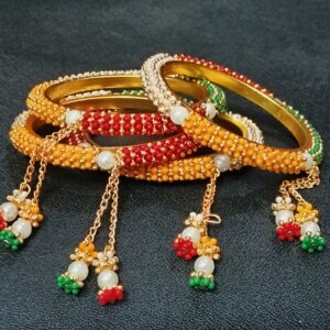 Traditional Multicolor Beaded Bangles Set for Women | Ethnic Kada Bracelet with Pearl & Bead Dangle Charms