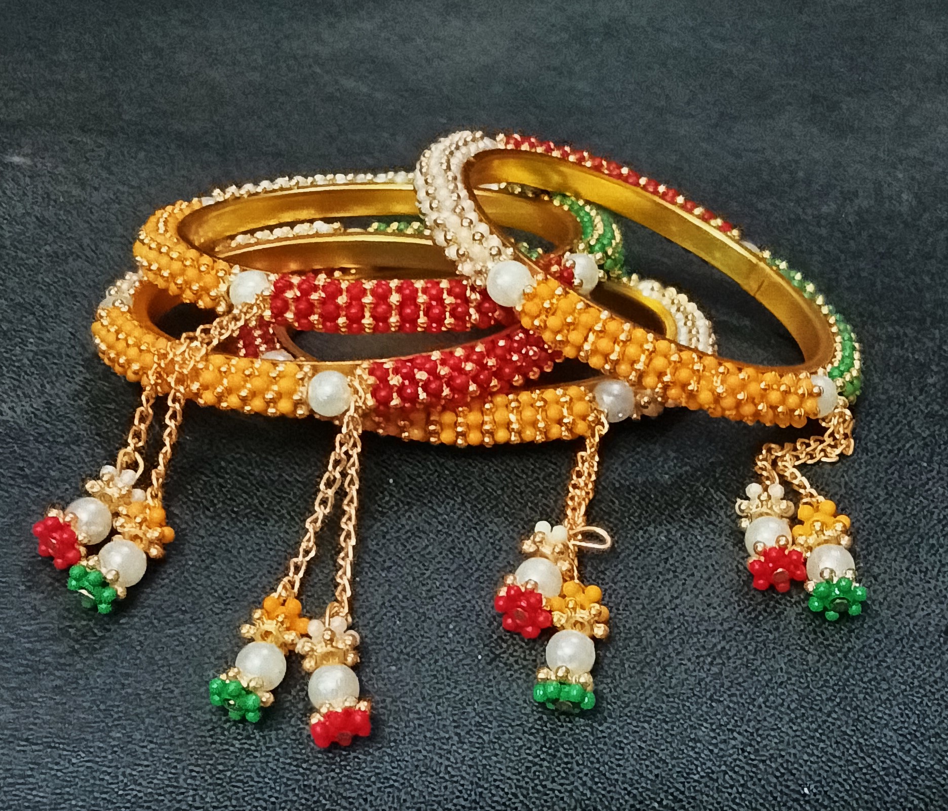 Traditional Multicolor Beaded Bangles Set for Women | Ethnic Kada Bracelet with Pearl & Bead Dangle Charms