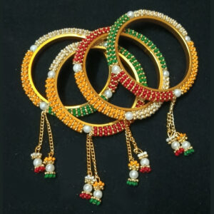 traditional multicolor beaded bangles set for women | ethnic kada bracelet with pearl & bead dangle charms