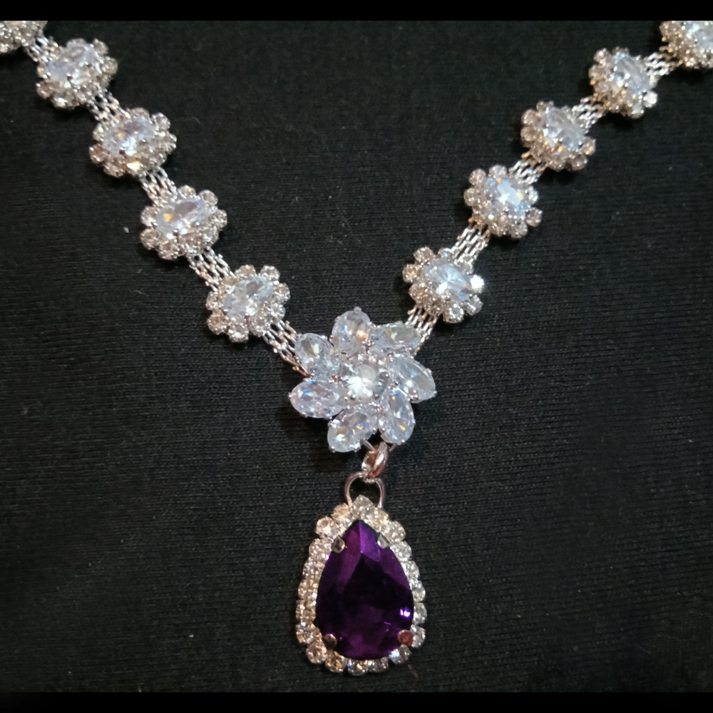 purple stone sparkling silver necklace set with floral crystal design purple stone sparkling silver necklace set with floral crystal design