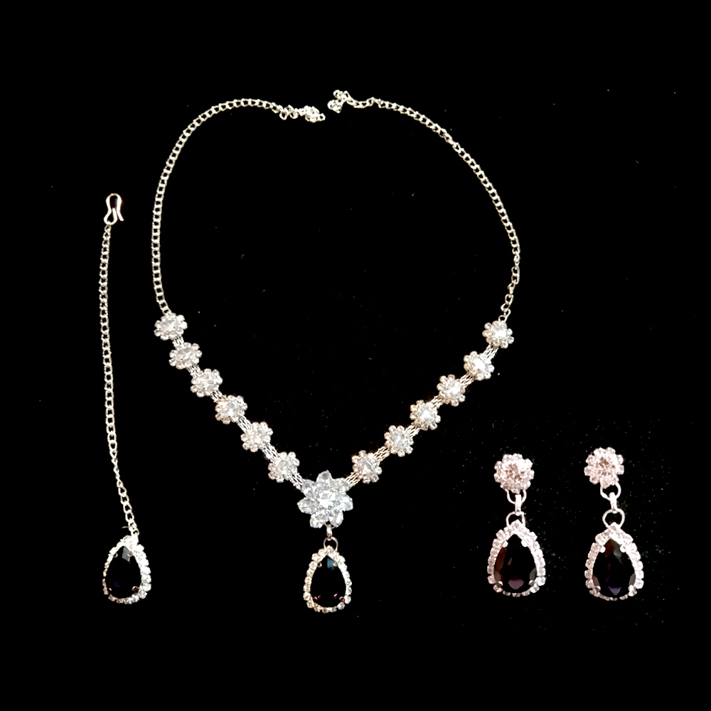 dark purple stone sparkling silver necklace set with floral crystal design dark purple stone sparkling silver necklace set with floral crystal design