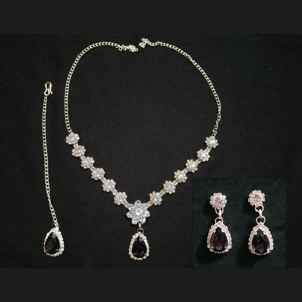 purple stone sparkling silver necklace set with floral crystal design purple stone sparkling silver necklace set with floral crystal design