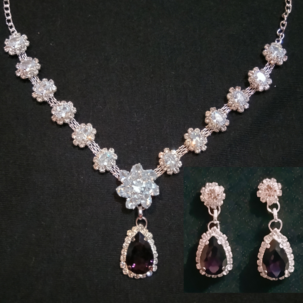 purple stone sparkling silver necklace set with floral crystal design purple stone sparkling silver necklace set with floral crystal design