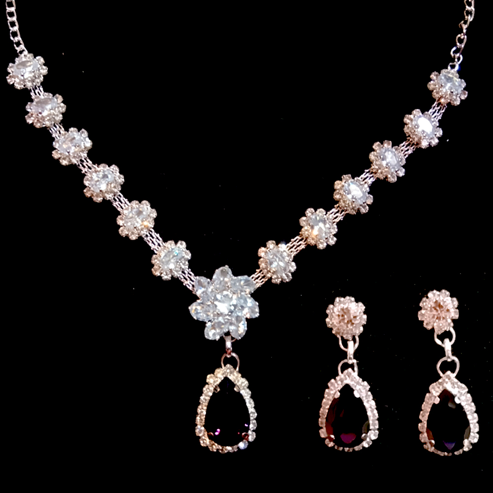 dark purple stone sparkling silver necklace set with floral crystal design dark purple stone sparkling silver necklace set with floral crystal design