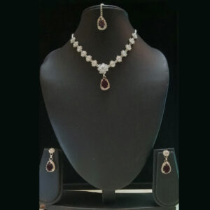 purple stone sparkling silver necklace set with floral crystal design
