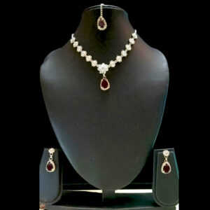 dark purple stone sparkling silver necklace set with floral crystal design