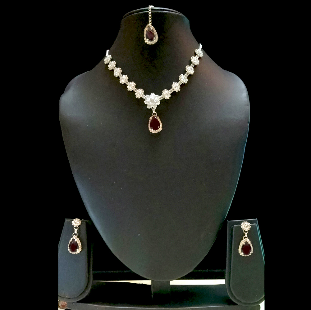 dark purple stone sparkling silver necklace set with floral crystal design dark purple stone sparkling silver necklace set with floral crystal design