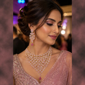 elegant floral statement necklace set with matching earrings – pink & white crystal design