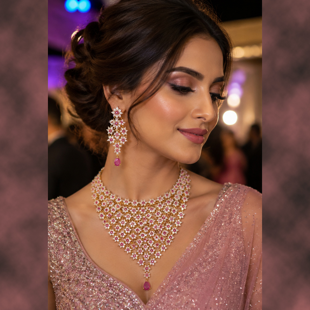 elegant floral statement necklace set with matching earrings – pink & white crystal design elegant floral statement necklace set with matching earrings – pink & white crystal design