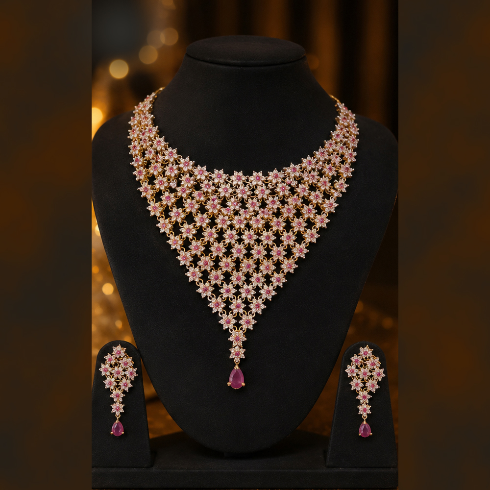 elegant floral statement necklace set with matching earrings – pink & white crystal design elegant floral statement necklace set with matching earrings – pink & white crystal design