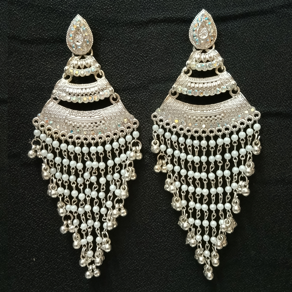 elegant silver toned chandbali earrings with pearl tassels elegant silver toned chandbali earrings with pearl tassels