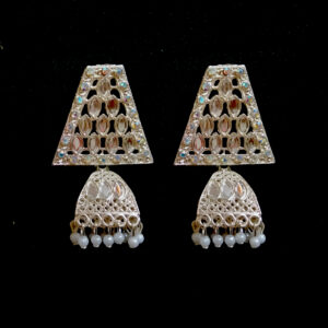 silver toned mirror work dangler earrings with pearl beads