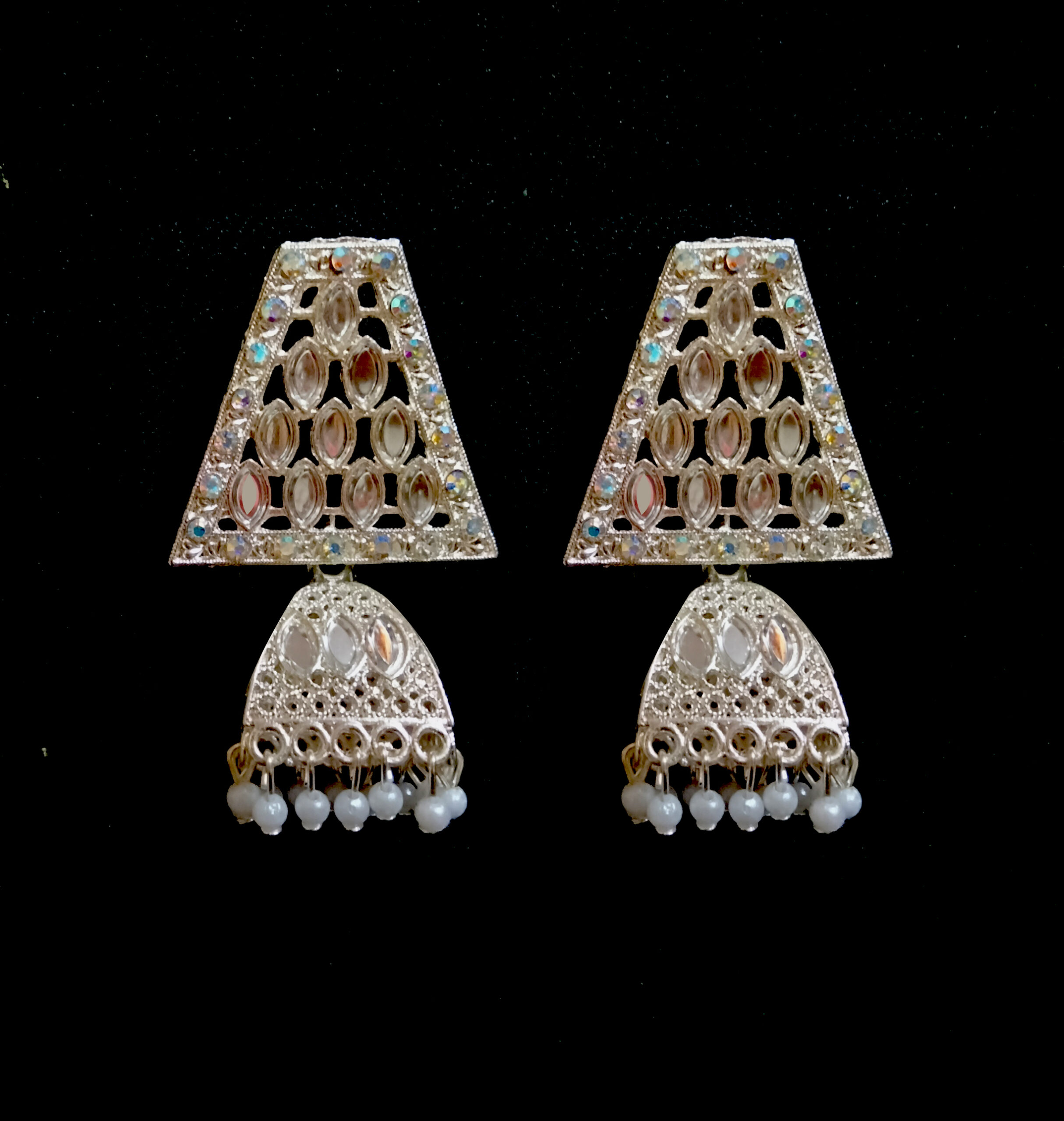 silver toned mirror work dangler earrings with pearl beads silver toned mirror work dangler earrings with pearl beads