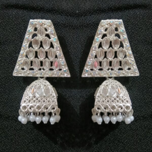 silver toned mirror work dangler earrings with pearl beads