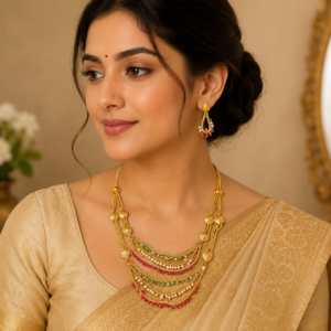 elegant multi layer artificial necklace set with matching earrings, designed with colourful bead accents to enhance traditional and festive outfits.