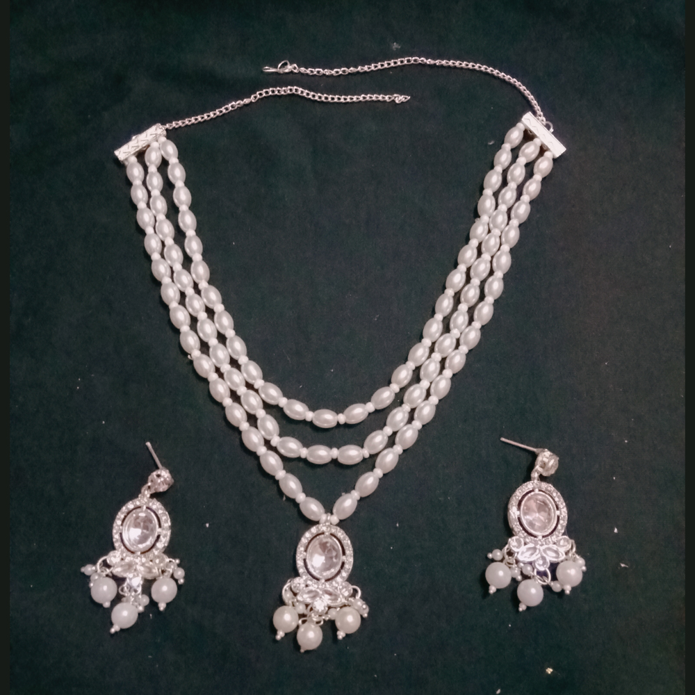 elegant oxidized silver plated triple layer pearl necklace set with matching drop earrings elegant oxidized silver plated triple layer pearl necklace set with matching drop earrings