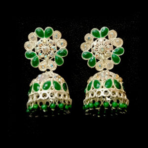 women's green & white stone studded jhumka earrings