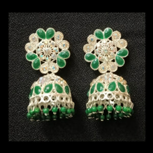 women's green & white stone studded jhumka earrings