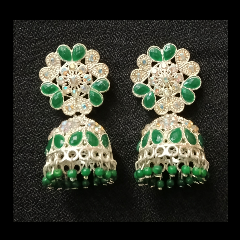women's green & white stone studded jhumka earrings women's green & white stone studded jhumka earrings