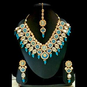 imperial turquoise and royal blue meenakari kundan bridal choker set with maang tikka