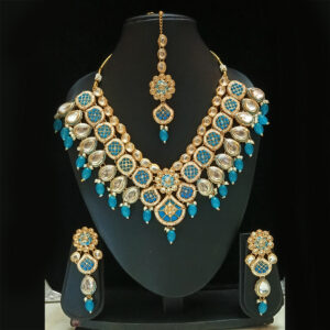 imperial turquoise and royal blue meenakari kundan bridal choker set with maang tikka