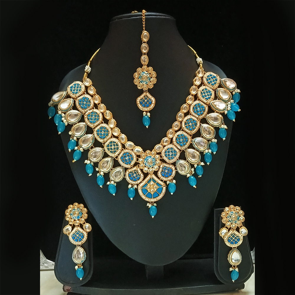imperial turquoise and royal blue meenakari kundan bridal choker set with maang tikka imperial turquoise and royal blue meenakari kundan bridal choker set with maang tikka