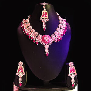 traditional gold plated pink kundan choker necklace set with matching jhumka earrings