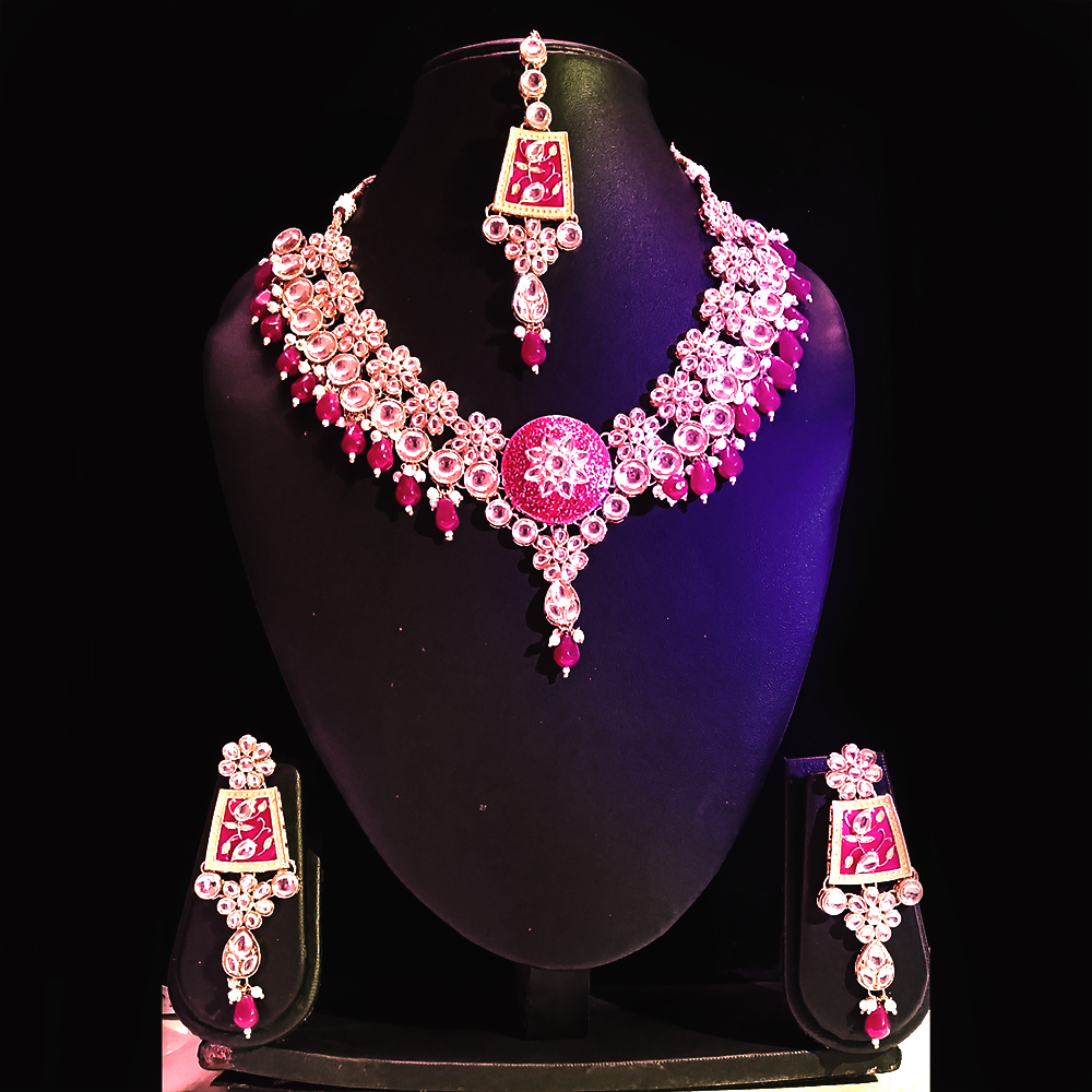 traditional gold plated pink kundan choker necklace set with matching jhumka earrings traditional gold plated pink kundan choker necklace set with matching jhumka earrings