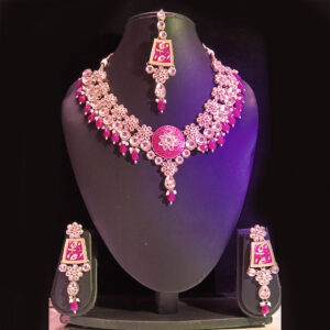traditional gold plated pink kundan choker necklace set with matching jhumka earrings