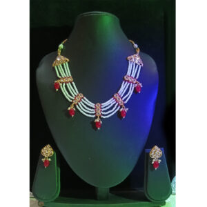 elegant kundan choker necklace set with pearl strands and red bead droplets