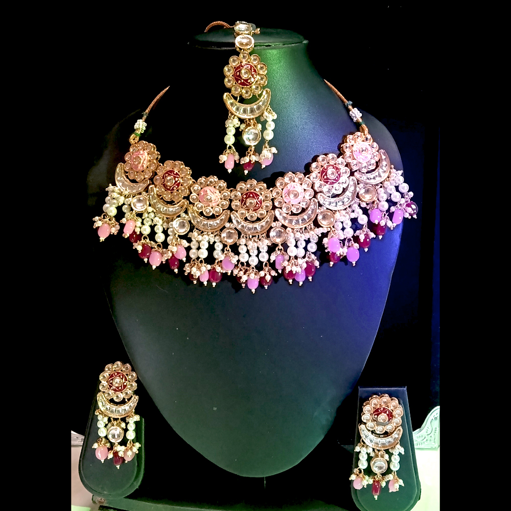 elegant floral kundan choker set with pastel pink & maroon accents and maang tikka elegant floral kundan choker set with pastel pink & maroon accents and maang tikka